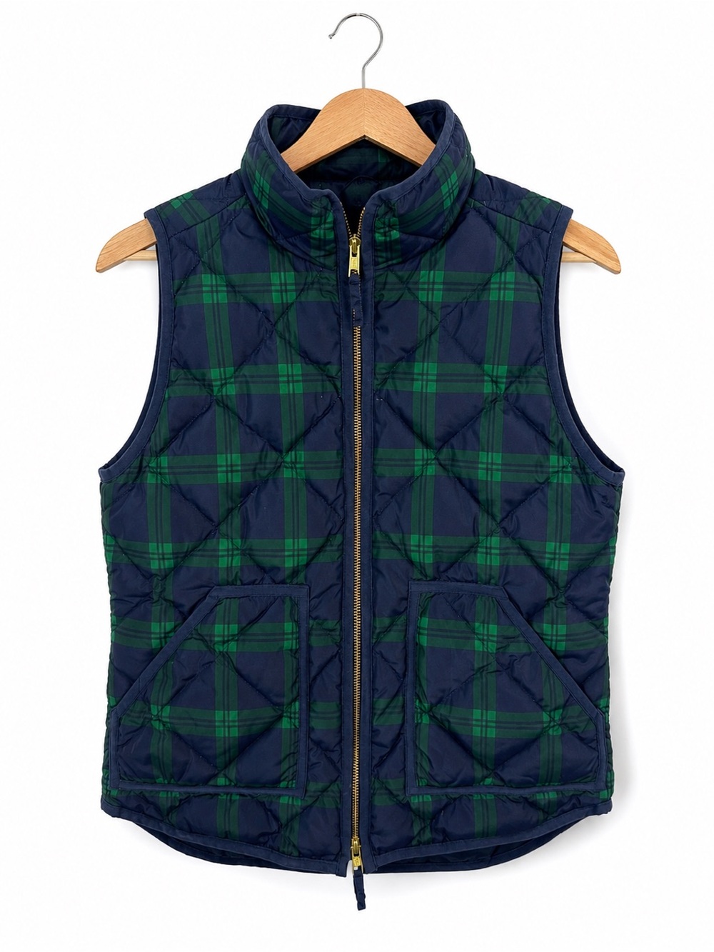 J.Crew Blackwatch Plaid Quilted Puffer Vest XS Navy Green Preppy Lightweight